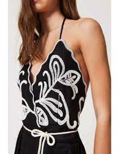 Linen blend jumpsuit with embroidery Woman, Black 