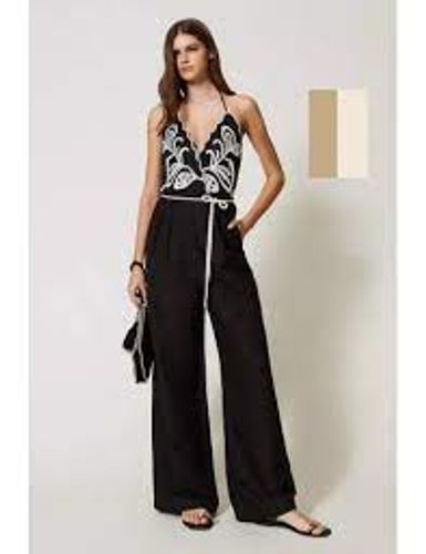 Linen blend jumpsuit with embroidery Woman, Black 