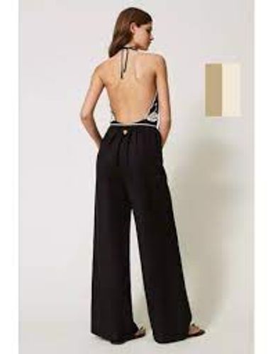 Linen blend jumpsuit with embroidery Woman, Black 