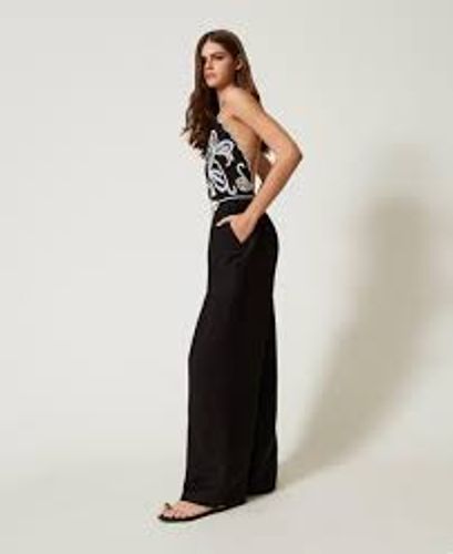 Linen blend jumpsuit with embroidery Woman, Black 