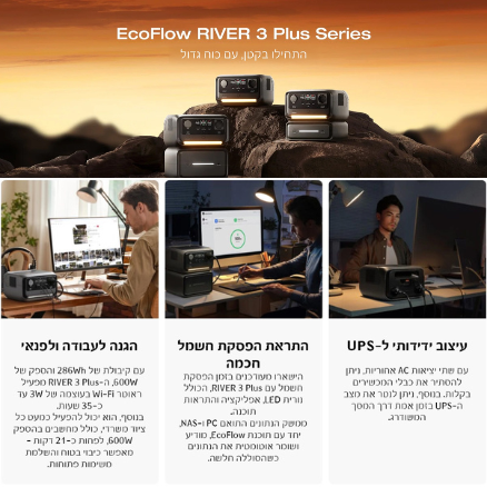 תחנת כוח ניידת RIVER 3 PLUS הספק 0.6-1.2kW קיבולת 0.286kWh + תאורת קיר + פנס ראש + פנס כיס לייזר + מרסס חרקים