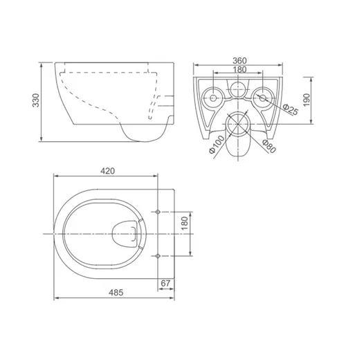 אסלה תלויה בגימור לבן מבריק עם עיצוב Rimless, דגם 8838.