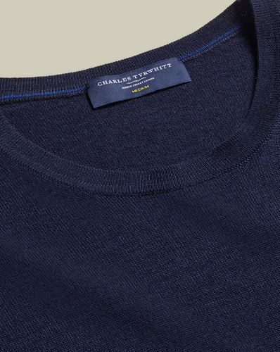 סריג צמר כחול - Navy blue pure merino crew neck jumper 