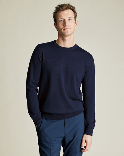 סריג צמר כחול - Navy blue pure merino crew neck jumper 