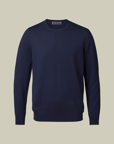 סריג צמר כחול - Navy blue pure merino crew neck jumper 