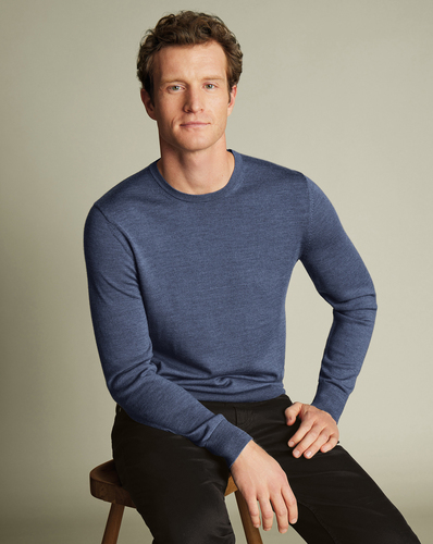 סריג צמר  - Indigo blue pure merino crew neck jumper