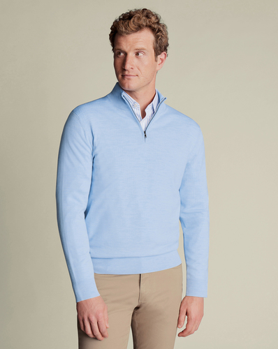 סוודר צמר רוכסן - Sky blue merino zip neck jumper