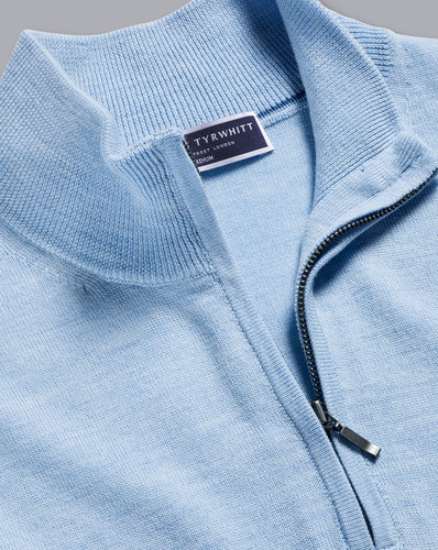 סוודר צמר רוכסן - Sky blue merino zip neck jumper