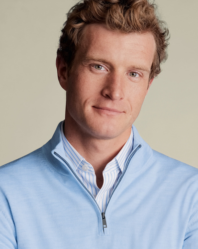 סוודר צמר רוכסן - Sky blue merino zip neck jumper