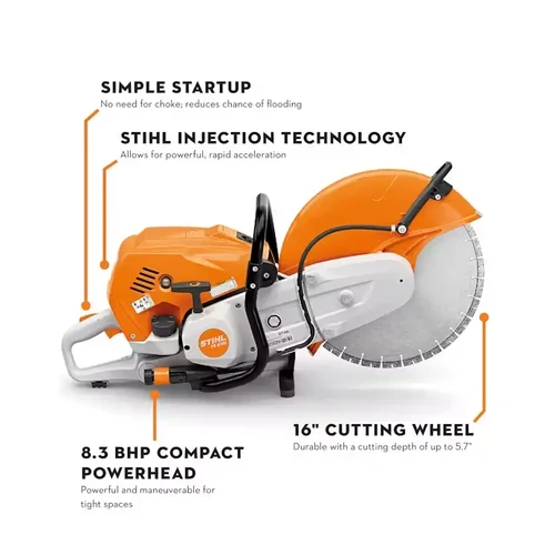 תרשים מסביר את תכונות STIHL TS 910i כולל טכנולוגיית הזרקה, מנוע קומפקטי עוצמתי ולהב חיתוך בעומק עד 145 מ