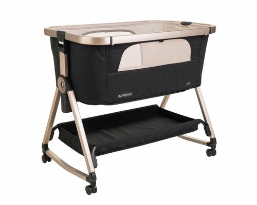 עריסה נצמדת למיטת הורים נועה NOA עם מצבי גובה, כילה ומשטח אחסון - ריפוד שחור/שלד שמפניה