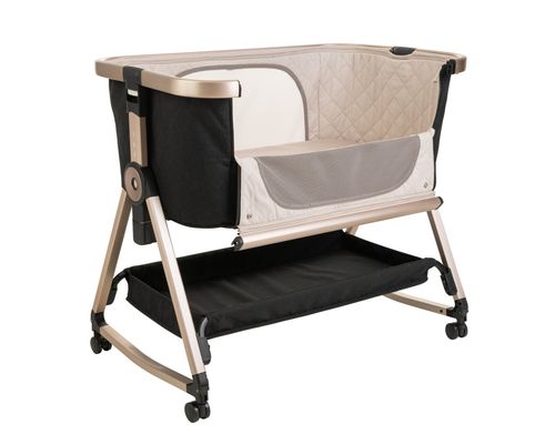 עריסה נצמדת למיטת הורים נועה NOA עם מצבי גובה, כילה ומשטח אחסון - ריפוד שחור/שלד שמפניה