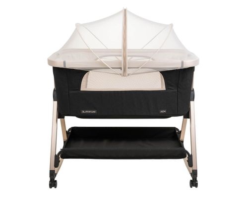 עריסה נצמדת למיטת הורים נועה NOA עם מצבי גובה, כילה ומשטח אחסון - ריפוד שחור/שלד שמפניה