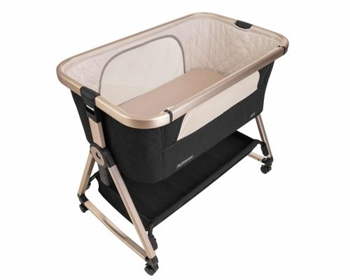 עריסה נצמדת למיטת הורים נועה NOA עם מצבי גובה, כילה ומשטח אחסון - ריפוד שחור/שלד שמפניה