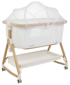 עריסה נצמדת למיטת הורים נועה NOA עם מצבי גובה, כילה ומשטח אחסון - ריפוד לבן/שלד דמוי עץ