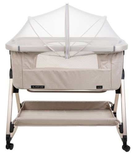 עריסה נצמדת למיטת הורים נועה NOA עם מצבי גובה, כילה ומשטח אחסון - ריפוד בז'/שלד שמפניה