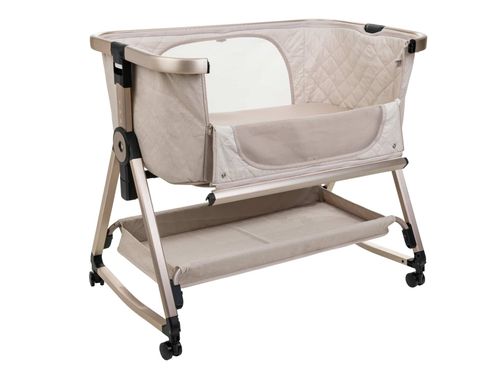 עריסה נצמדת למיטת הורים נועה NOA עם מצבי גובה, כילה ומשטח אחסון - ריפוד בז'/שלד שמפניה