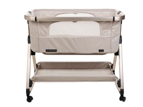 עריסה נצמדת למיטת הורים נועה NOA עם מצבי גובה, כילה ומשטח אחסון - ריפוד בז'/שלד שמפניה