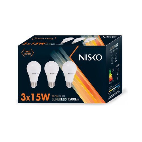 שלישיית נורת לד חלבית E27 15W אור חם ניסקו Nisko 
