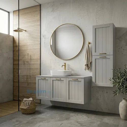 ארון אמבטיה תלוי רוזמרין MDF אפור 3 דלתות עם ידיות פליז וכיור מונח לבן