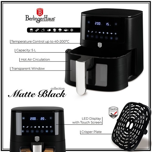 סיר טיגון ללא שמן 5 ליטר Berlinger Haus Matte Black BH-9557