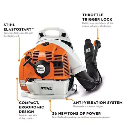 דיאגרמה של מפוח גב STIHL BR 430 עם הסברים על תכונות עיקריות: מערכת ElastoStart, עיצוב ארגונומי, מערכת נוגדת רעידות, כפתור נעילת מצערת ועוצמת נשיפה של 26 ניוטון