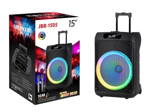 בידורית קריוקי ניידת 15 אינץ' עם תאורת RGB ועם זוג מיקרופונים אלחוטיים דגם JBR-1505