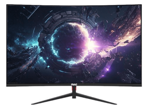 תמונה של מסך מחשב קעור Mag Gaming C27Q165Y בגודל 27 אינץ' עם תמונת משחק על המסך, מזווית קדמית