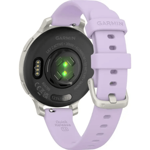 שעון חכם צבע כסוף עם רצועה סגולה Garmin Lily 2 Active 38mm