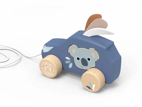 מכונית נגררת מעץ של Speedy Monkey עם דמות דובי נשלפת