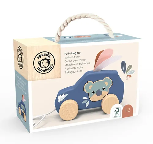 מכונית נגררת מעץ של Speedy Monkey עם דמות דובי נשלפת בקופסת מתנה מעוצבת