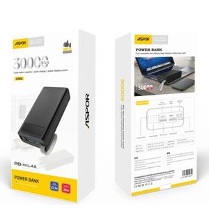 פאוור בנק שחור 30000mAh עם טעינה מהירה ויציאות lightning | micro | type c