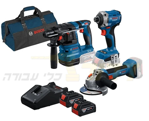 סט 3 כלים (6 חלקים) , פטישון GBH 18V-22 + אימפקט GDR 18V-215 + משחזת בוש GWS 18V-8 + כולל שתי סוללות 5 AH , מטען GAL18V-40 ותיק נשיאה BOSCH 