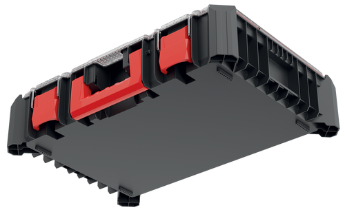 ארגונית X BLOCK BRIDGE ORGANISER דגם KXBB5540S של KISTENBERG עם מכסה שקוף, 2 קופסאות נשלפות ו-11 מפרידים לארגון פריטים קטנים ושילוב עם מערכות X BLOCK