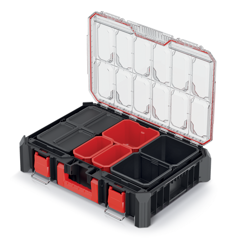 ארגונית X BLOCK BRIDGE ORGANISER KXBB5540B מבית KISTENBERG עם 7 קופסאות נשלפות, מכסה שקוף מפוליקרבונט ופלטפורמת גשר לחיבור מערכות כלים. דגם 60419 לאחסון מקצועי ומודולרי