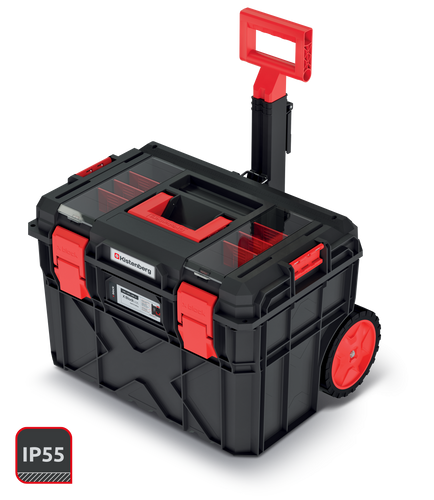 ארגז כלים נייד X BLOCK LOG TOOL TROLLEY דגם KXB604045F מבית KISTENBERG עם ידית טלסקופית, גלגלים וארגוניות במכסה לאחסון מקצועי ונוח של כלי עבודה