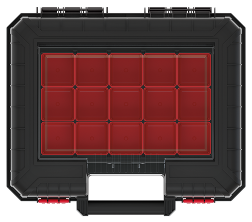 ארגונית משולבת ארגז כלים HEAVY TOOL CASE 40 KHV40B דגם 60407 מבית Kistenberg עם 7 קופסאות נשלפות, מכסה שקוף מפוליקרבונט, רצועות הידוק פנימיות וידית ארגונומית לאחסון וארגון כלים מקצועי
