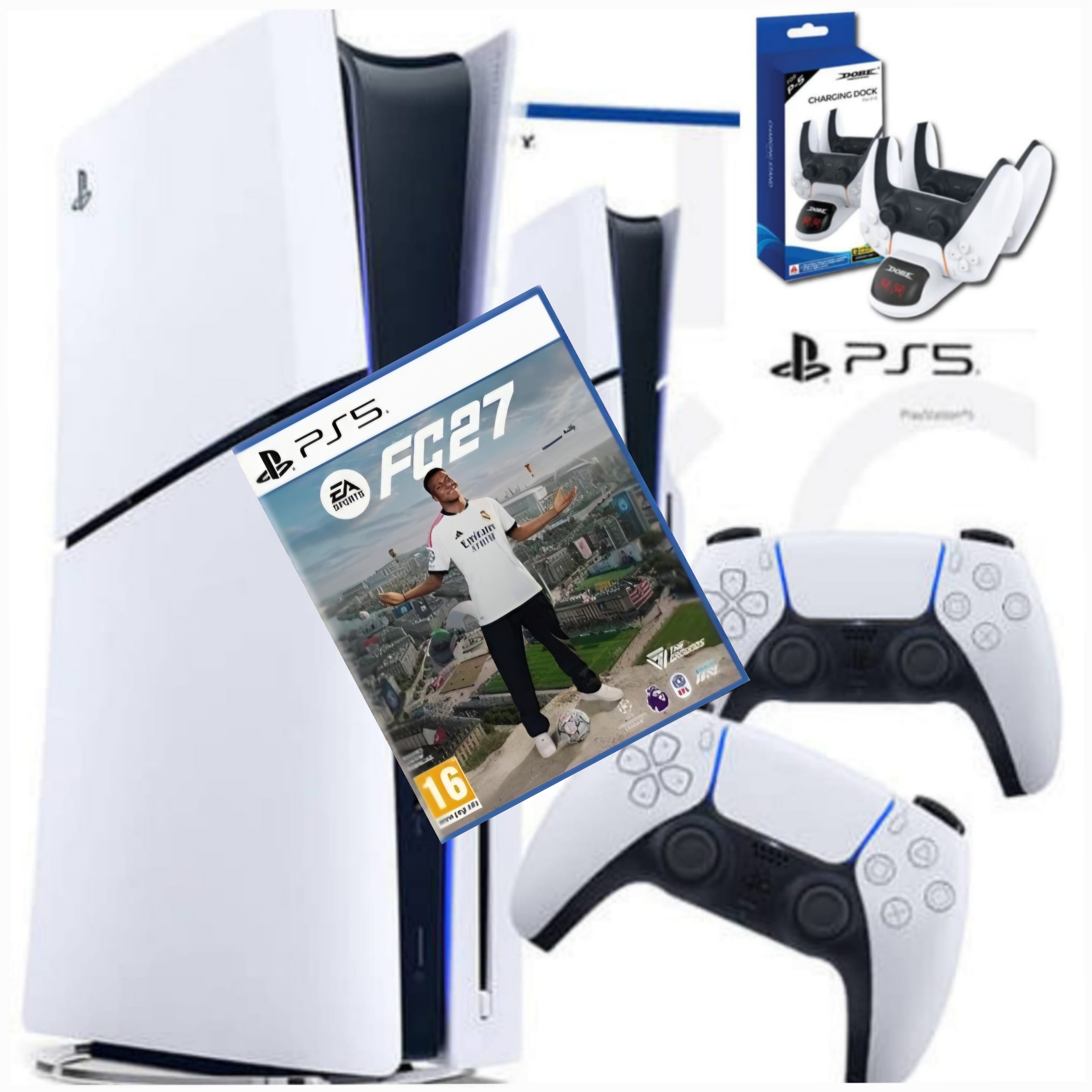  SONY PLAYSTATION 5 SLIM 1TB BLURAY EDITION CFI-2000 CFI-2016 FC 27 BUNDLE + 2 CONTROLLERS + DUAL CHARGING STATION + GAME FC 27 PS5