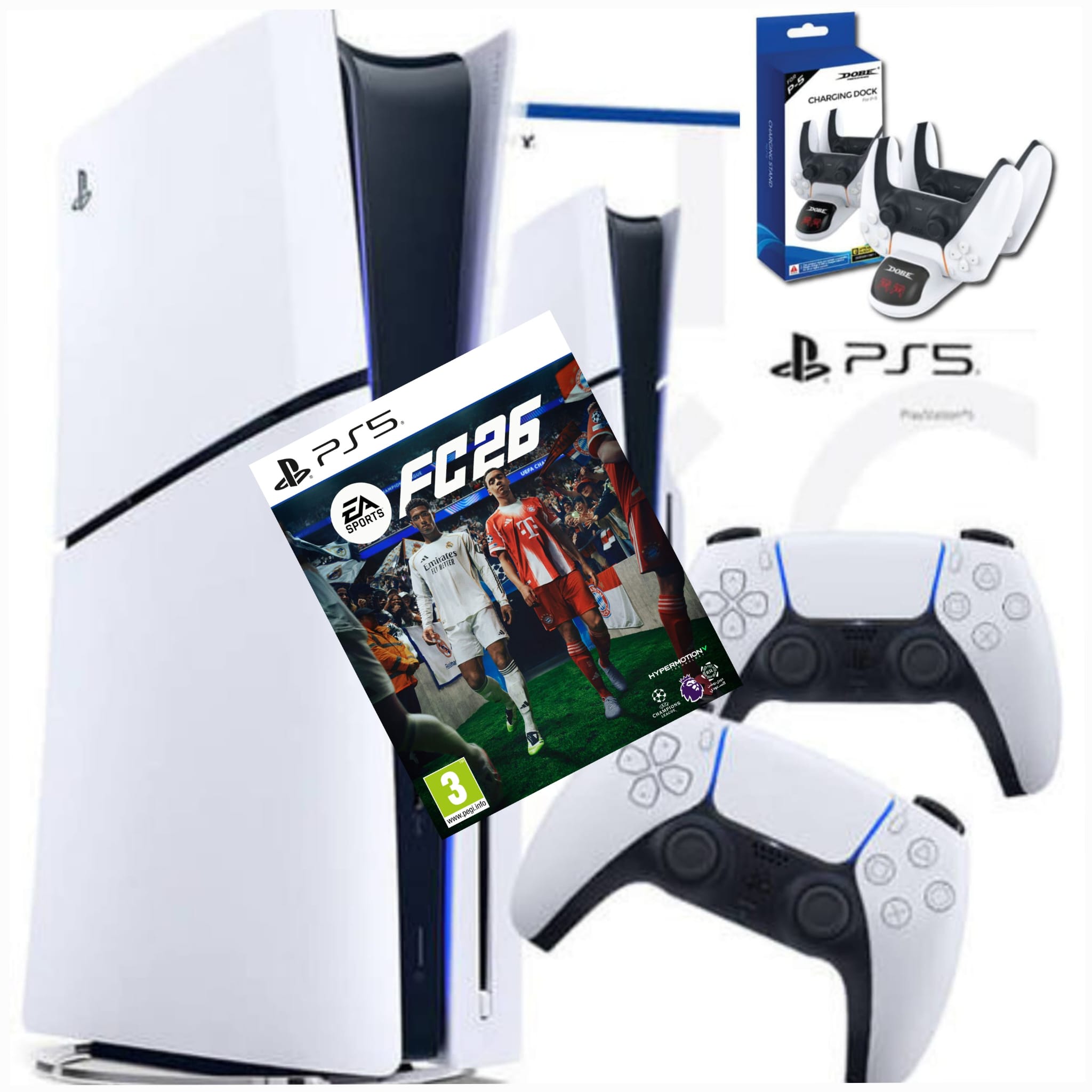  SONY PLAYSTATION 5 SLIM 1TB BLURAY EDITION CFI-2000 CFI-2016 FC 26 BUNDLE + 2 CONTROLLERS + DUAL CHARGING STATION + GAME FC26 PS5