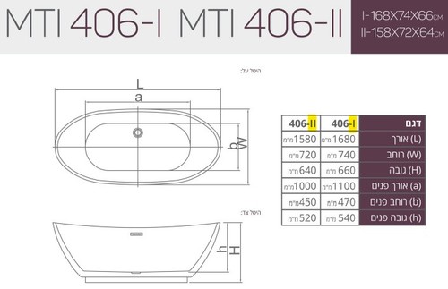 שירטוט אמבטיה אקרילית Free Standing 168X74X66-1 MTI-406-1 פריסטנדינג מעוגלת לבן מבריק