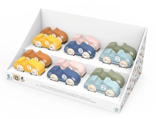 סטנד תצוגה עם אוסף מכוניות מרוץ מעץ של Speedy Monkey