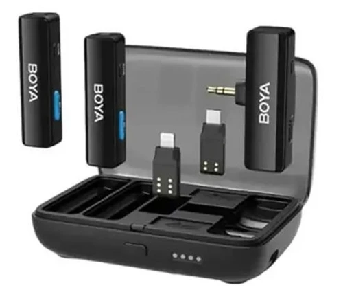 סט מיקרופון אלחוטי כפול עם קייס טעינה BOYALINK מתאים לאייפון ואנדרואיד 