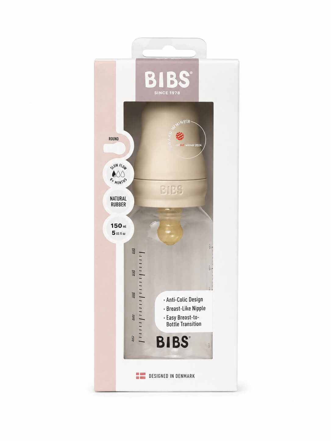בקבוק האכלה לתינוק עם פטמת לטקס שנהב 150 מ"ל BIBS