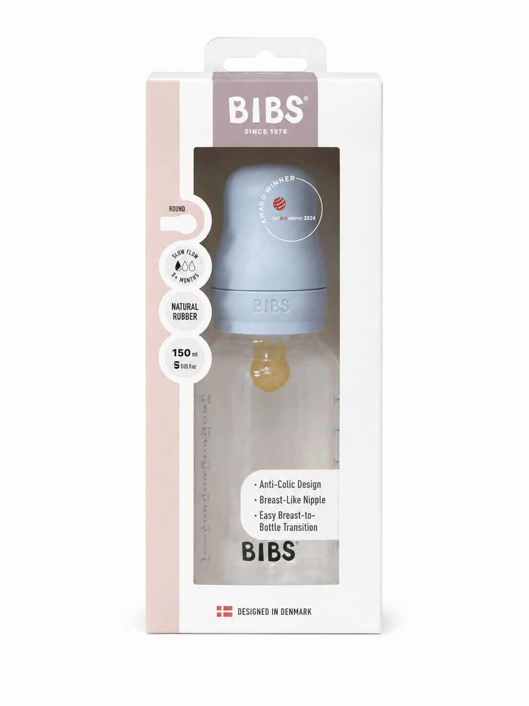 בקבוק האכלה לתינוק עם פטמת לטקס תכלת 150 מ"ל BIBS