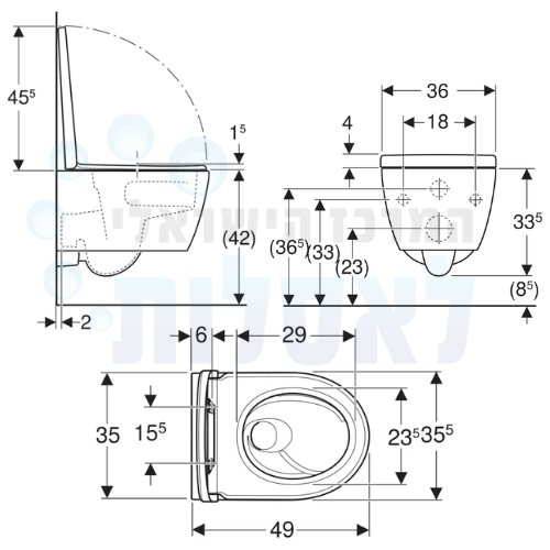 מידות אסלה תלויה GEBERIT iCon 49 TurboFlush 503.048.00.1 טורנדו כולל מושב הידראולי טורנדו