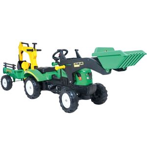 טרקטור פדלים לילדים עם כף קדמית ואחורית עולות ויורדות עם עגלה מתחברת ו 2 כלי חפירה בצבע ירוק
