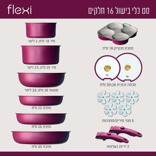  סט סירים 16 חלקים עם 2 ידיות נשלפות - FLEXI סגול