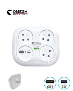 מפצל חשמל T4 מרובע+מטען Omega USB A/C