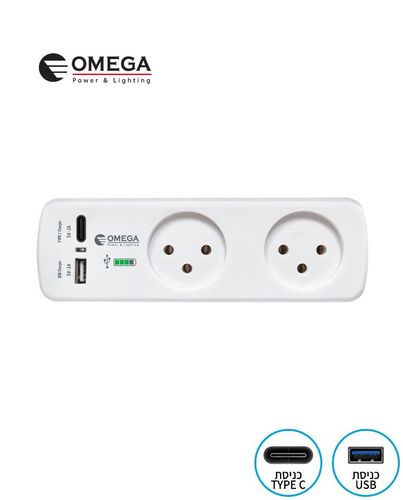 מפצל חשמל T2 רוחבי+מטען OMEGA USB