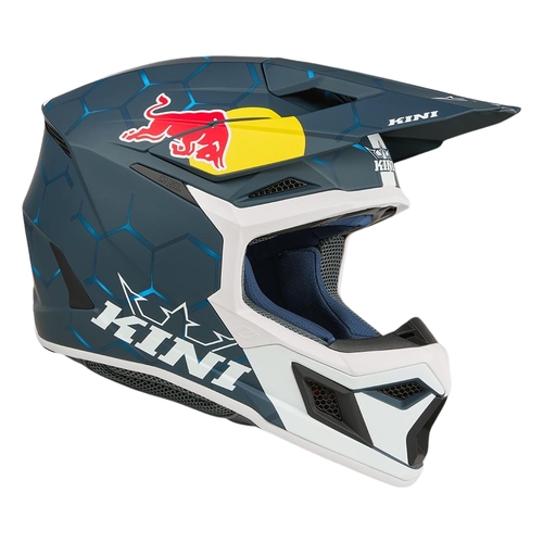 קסדת מוטוקרוס Kini Red Bull MX3 כחול לבן גודל XS דגם K0603-001 עם טכנולוגיית 2 קליפות EPS מערכת אוורור מתקדמת ותאימות Quin Smart Safety